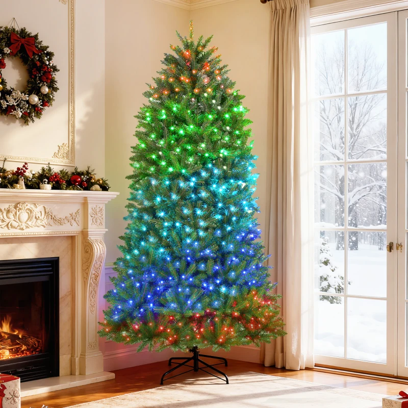 HOMCOM 7.5ft Prelit Christmas Tree with Full-Spectrum LEDs, Smart App Control, Wide Full Hinged Xmas Tree, Easy Assembly