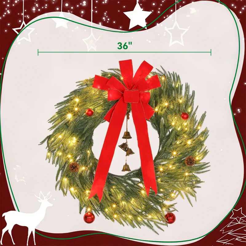 HOMCOM 36 Inch Christmas Wreath for Front Door with LED Lights, Prelit Christmas Wreath with 8 Modes and Ornaments, Green