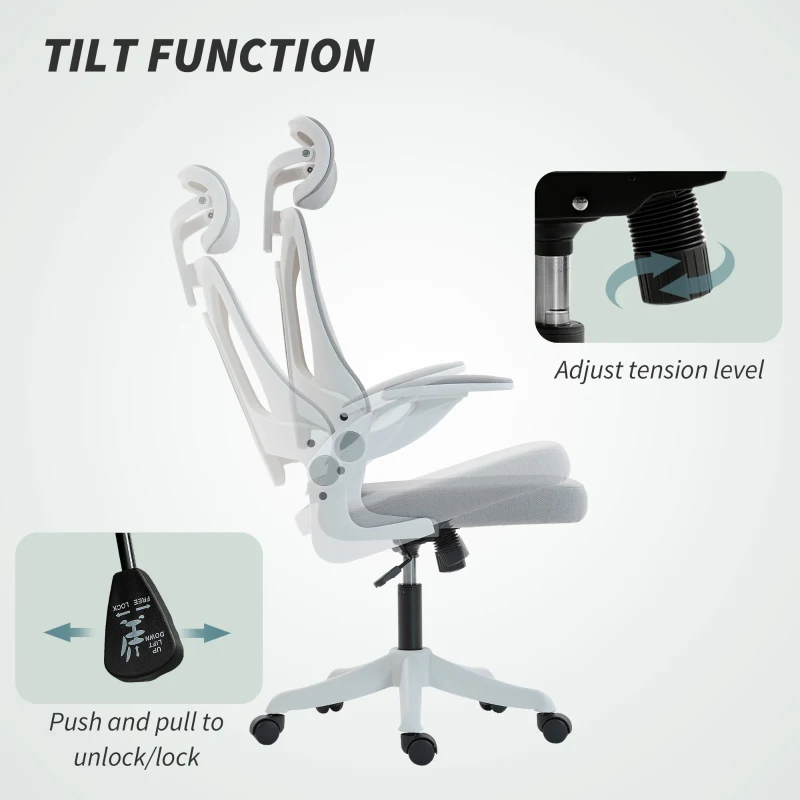 HOMCOM Ergonomic Office Chair, Swivel Desk Chair with Adjustable Lumbar Support, Headrest and Height, Flip-up Armrests, Grey