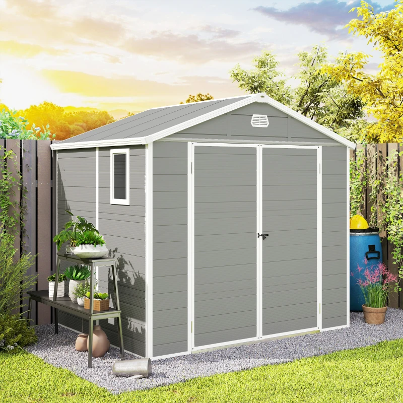 Outsunny 8' x 6' Plastic Garden Storage Shed with Latch Door, Vents, Sloped Roof, Light Grey