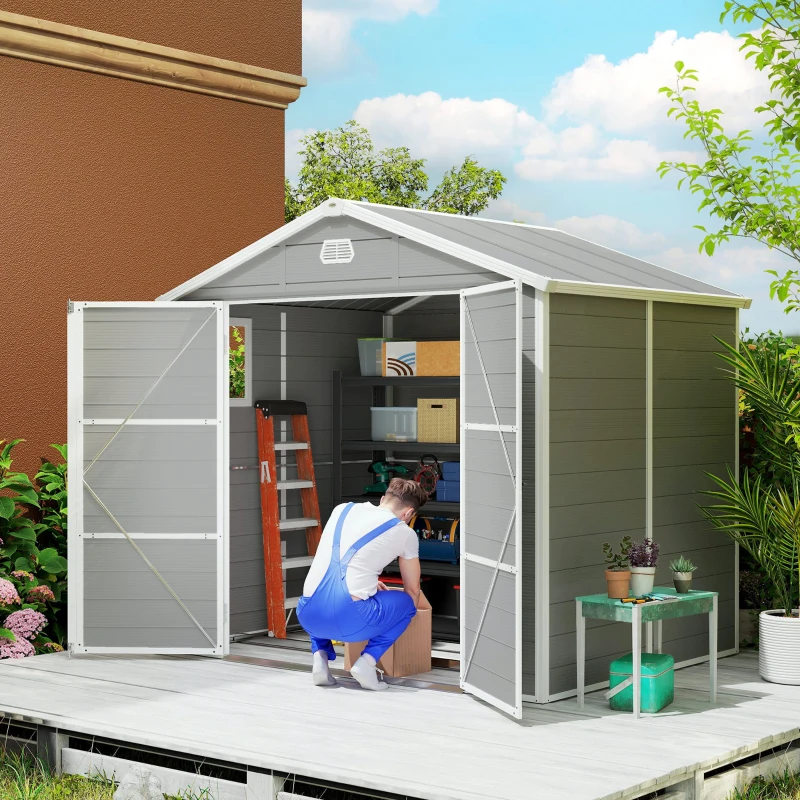 Outsunny 8' x 6' Plastic Garden Storage Shed with Latch Door, Vents, Sloped Roof, Light Grey