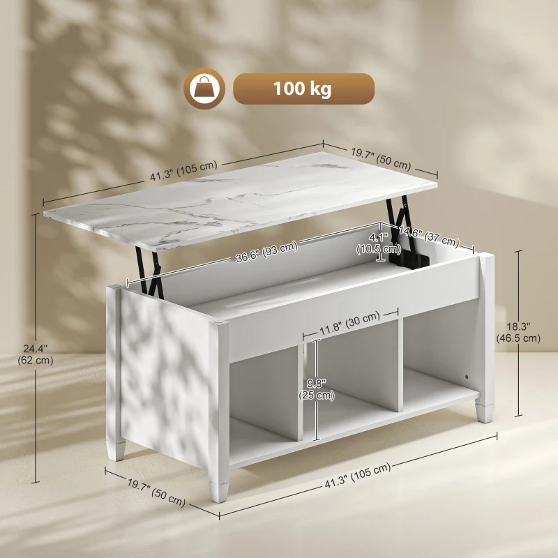 HOMCOM Lift Top Coffee Table, Modern Center Table with Storage Shelves and Hidden Compartment for Living Room, 41" L, White