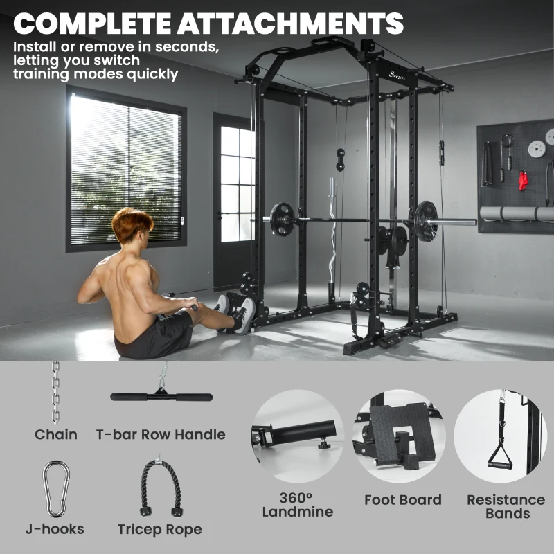 Soozier Multi-Functional Power Rack, Smith Machine Cable Crossover System with Pull Up Bar, Lat-Pull Down System, Landmine
