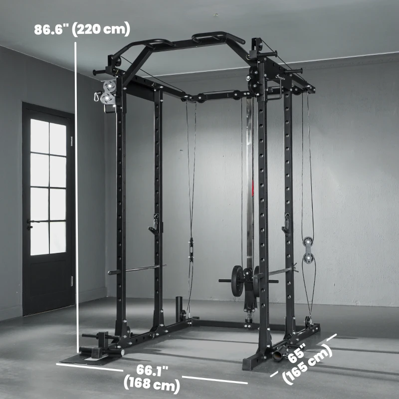 Soozier Multi-Functional Power Rack, Smith Machine Cable Crossover System with Pull Up Bar, Lat-Pull Down System, Landmine