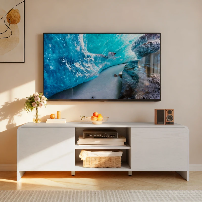 HOMCOM TV Stand for up to 65 Inch TV, Nordic Entertainment Center with 2 Cabinets and 2 Open Shelves for Living Room, White