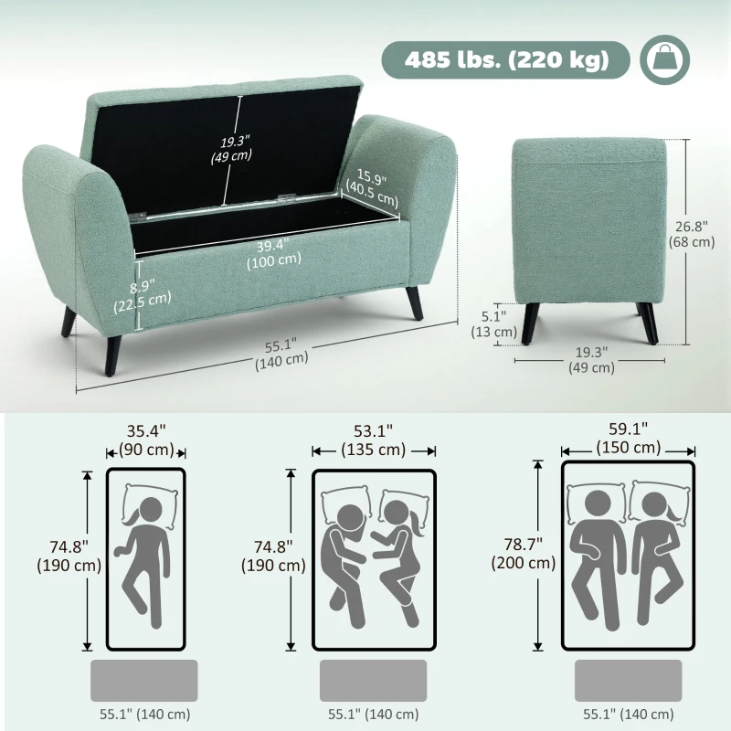 HOMCOM Upholstered Storage Bench with Arms, Modern Ottoman Bench for Bedroom, Entryway, and Living Room, Green
