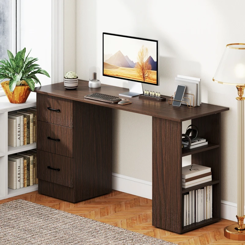 HOMCOM Computer Desk, 55" Writing Table with 3-Tier Shelves and 3 Reversible Drawers for Home Office, Bedroom, Walnut