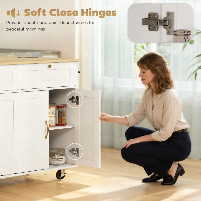 HOMCOM Kitchen Island Cart with Charging Station and Drop Leaf, Kitchen Island Table on Wheels with Trash Can Cabinet, White