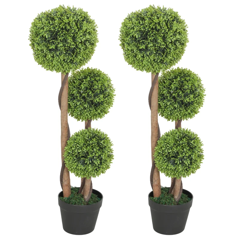 HOMCOM 3FT Potted Fake Plants Set of 2, Artificial Boxwood Topiary Trees, Triple Ball Trees for Indoor and Outdoor, Light Green