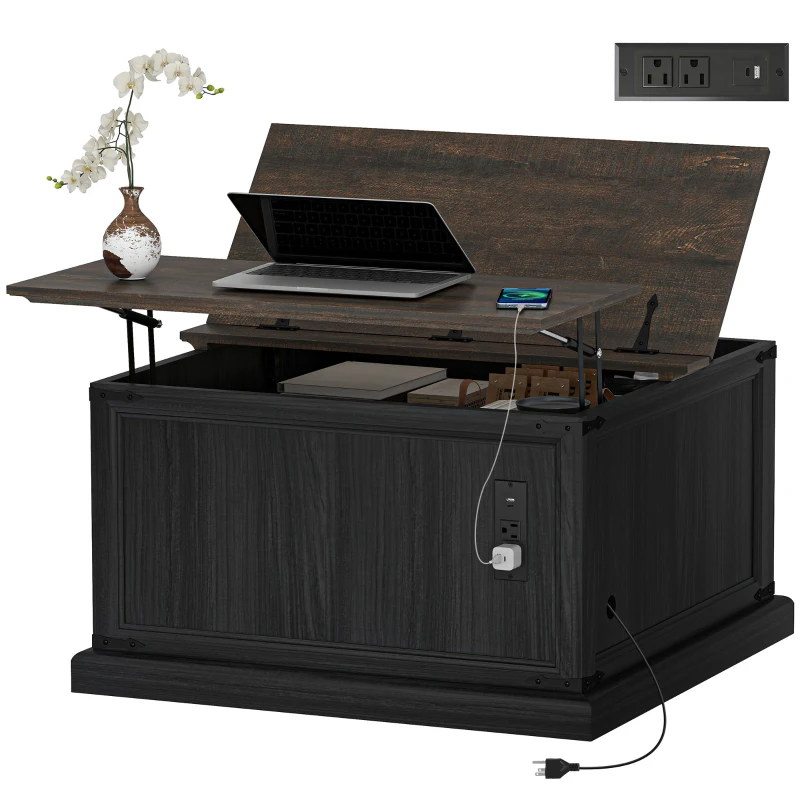 HOMCOM Lift Top Coffee Table with Charging Station, Square Farmhouse Center Table with Hidden Storage, Black Wood Grain