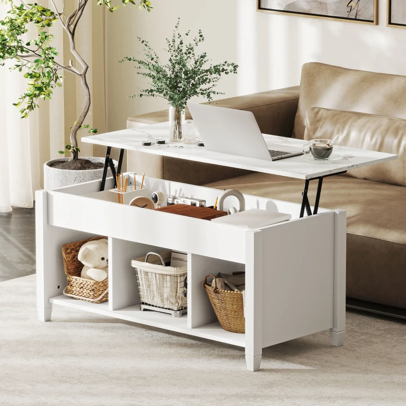 HOMCOM Lift Top Coffee Table, Modern Center Table with Storage Shelves and Hidden Compartment for Living Room, 41" L, White