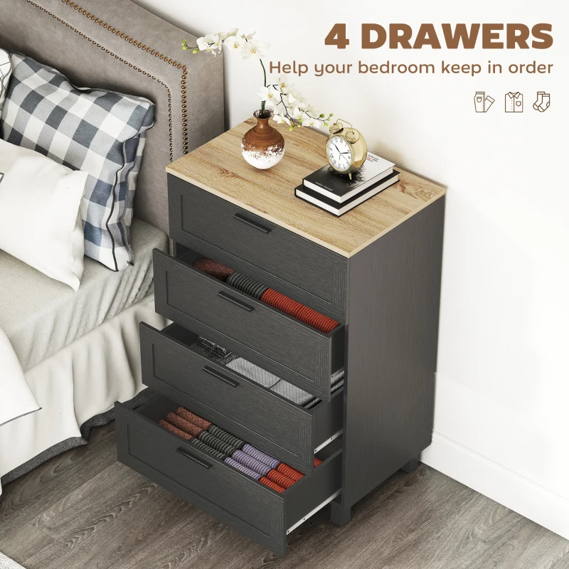 HOMCOM Dresser for Bedroom with 4 Drawers, Chest of Drawers with Solid Wood Legs for Closet, Living Room, Entryway, Black