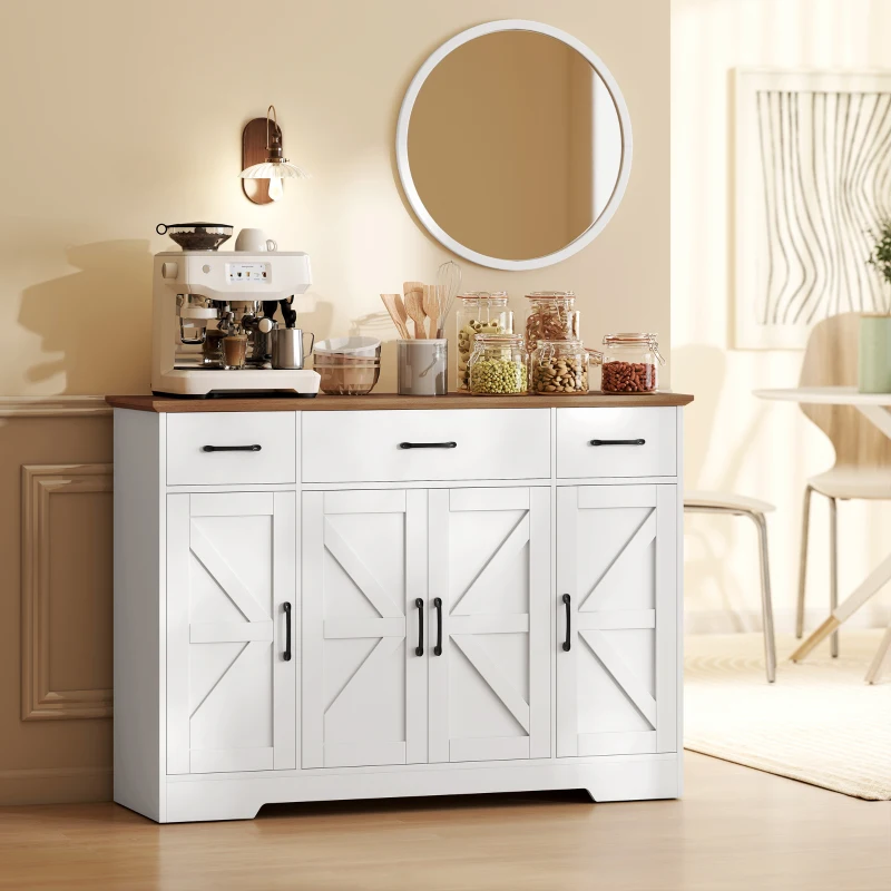 HOMCOM 47" Buffet Cabinet with Soft-Close Hinges, Farmhouse Sideboard with 3 Drawers, Adjustable Shelves and Spice Racks, White