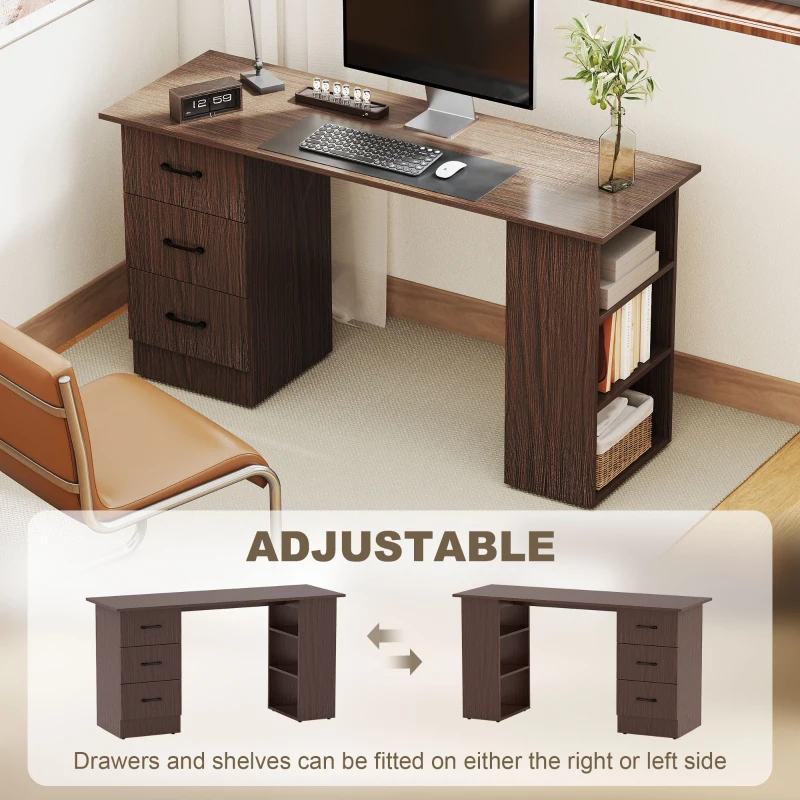 HOMCOM Computer Desk, 55" Writing Table with 3-Tier Shelves and 3 Reversible Drawers for Home Office, Bedroom, Walnut