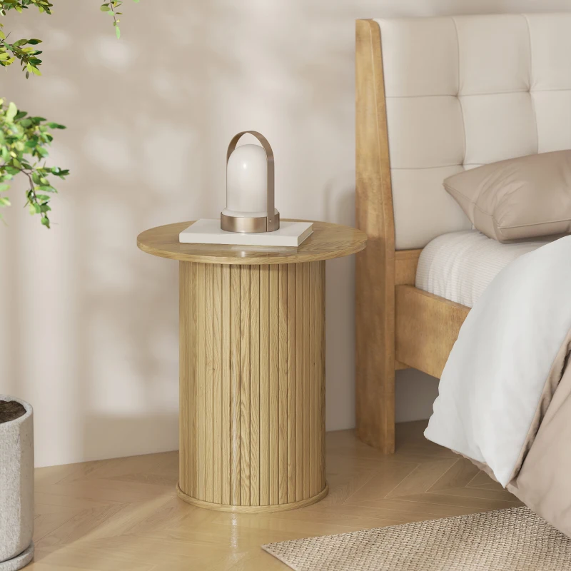 HOMCOM Round Side Table, Fluted Accent End Table, Narrow Nightstand for Small Spaces, Living Room, Oak