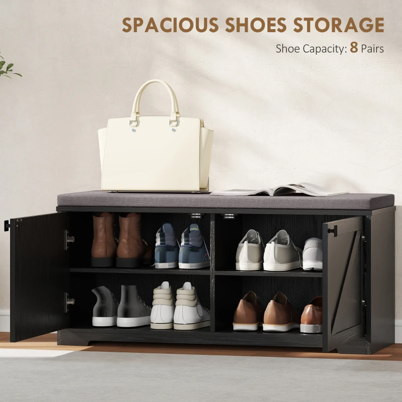HOMCOM Shoe Storage Bench with Padded Seat, Entryway Bench Holds up to 352 lb, Shoe Organizer, 8 Pairs, Black Wood Grain