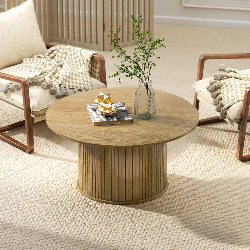 HOMCOM 31.5" Round Coffee Table, Nordic Style Center Table with Fluted Cylindrical Base for Living Room, Oak