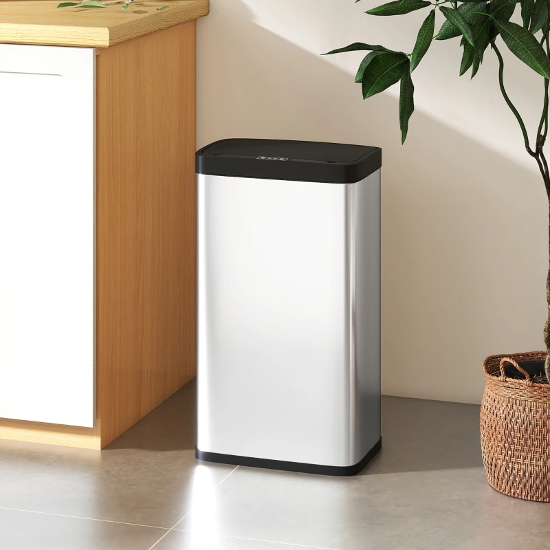 HOMCOM 12 Gallon Sensor Can, Automatic Garbage Can with Soft-Close Lid, Fingerprint-Proof Stainless Steel, Silver