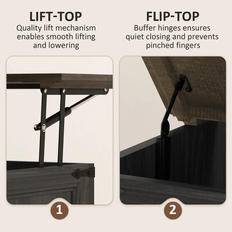 HOMCOM Lift Top Coffee Table with Charging Station, Square Farmhouse Center Table with Hidden Storage, Black Wood Grain