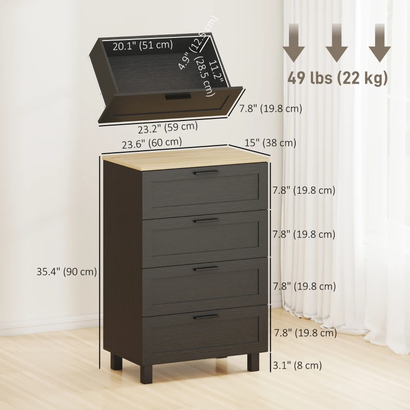 HOMCOM Dresser for Bedroom with 4 Drawers, Chest of Drawers with Solid Wood Legs for Closet, Living Room, Entryway, Black