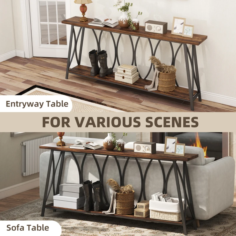 HOMCOM 71" Console Table, Industrial 2-Tier Narrow Entryway Table with Metal Frame for Living Room, Hallway, Rustic Brown
