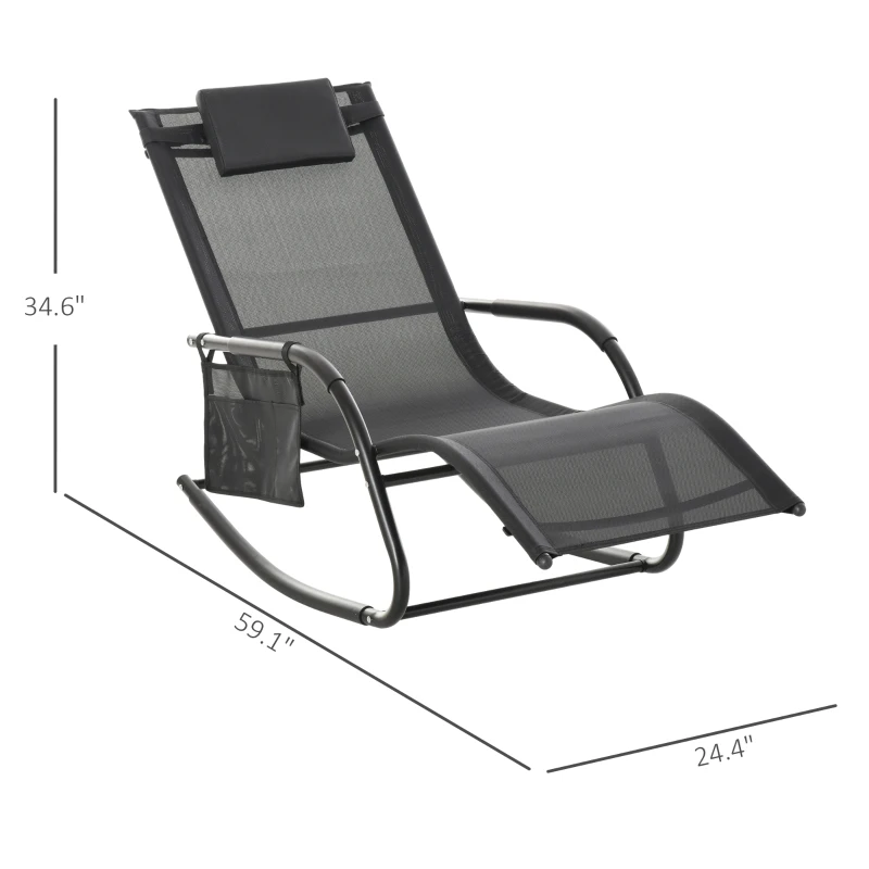Outsunny Outdoor Rocking Chair, Chaise Lounge Pool Chair for Sun Tanning, Sunbathing, a Rocker with Side Pocket, Armrests & Pillow for Patio, Lawn, Beach, Black