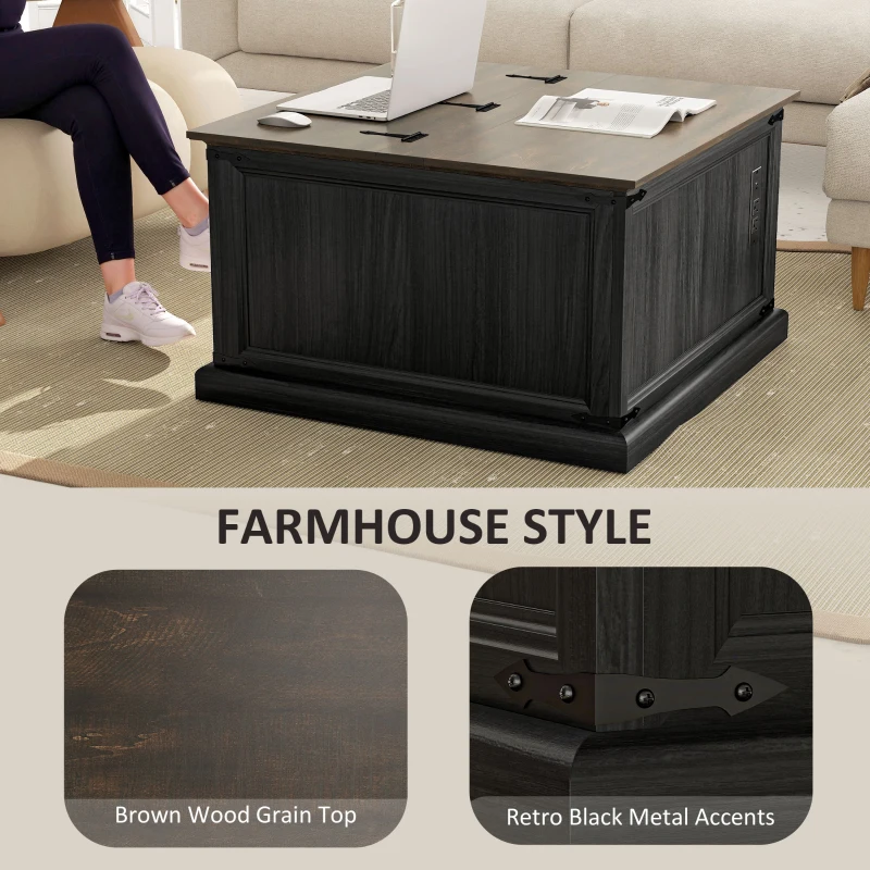 HOMCOM Lift Top Coffee Table with Charging Station, Square Farmhouse Center Table with Hidden Storage, Black Wood Grain