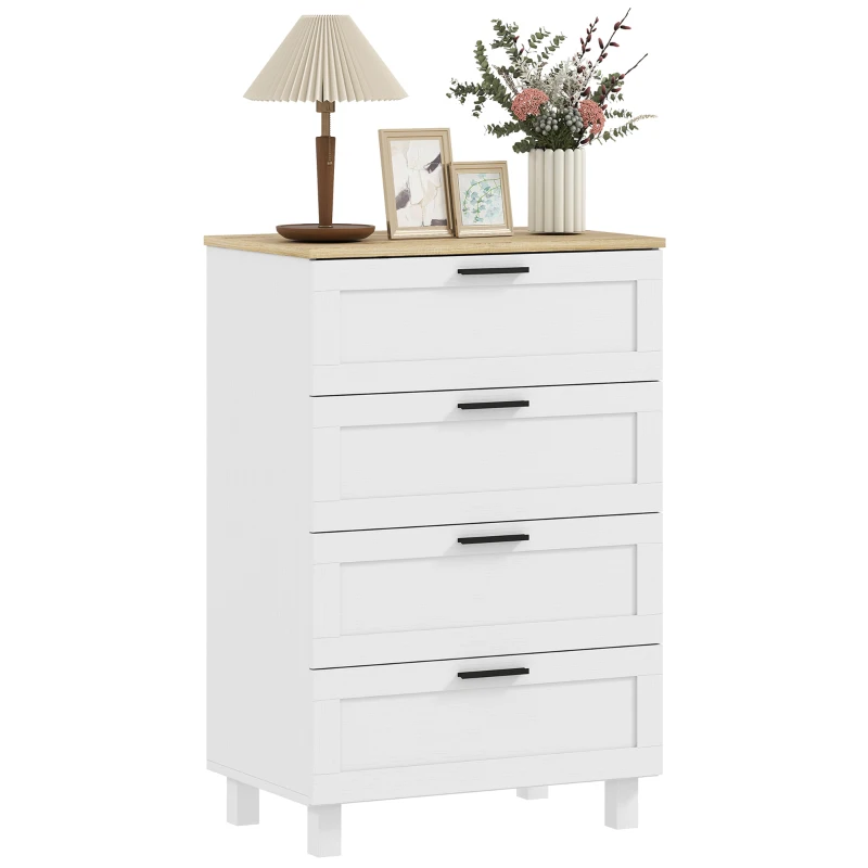 HOMCOM Dresser for Bedroom with 4 Drawers, Chest of Drawers with Solid Wood Legs for Closet, Living Room, Entryway, White