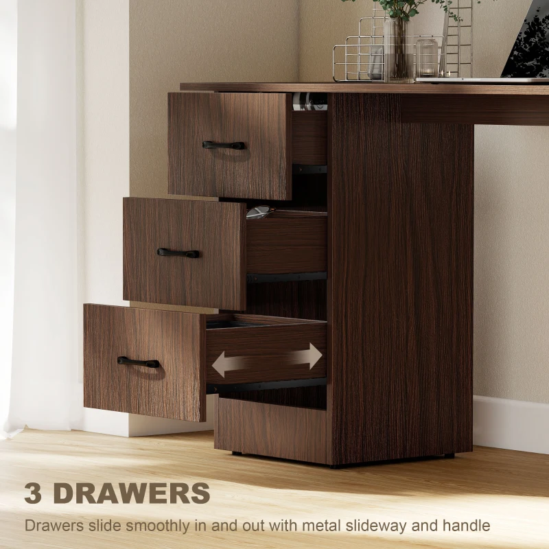HOMCOM Computer Desk, 55" Writing Table with 3-Tier Shelves and 3 Reversible Drawers for Home Office, Bedroom, Walnut