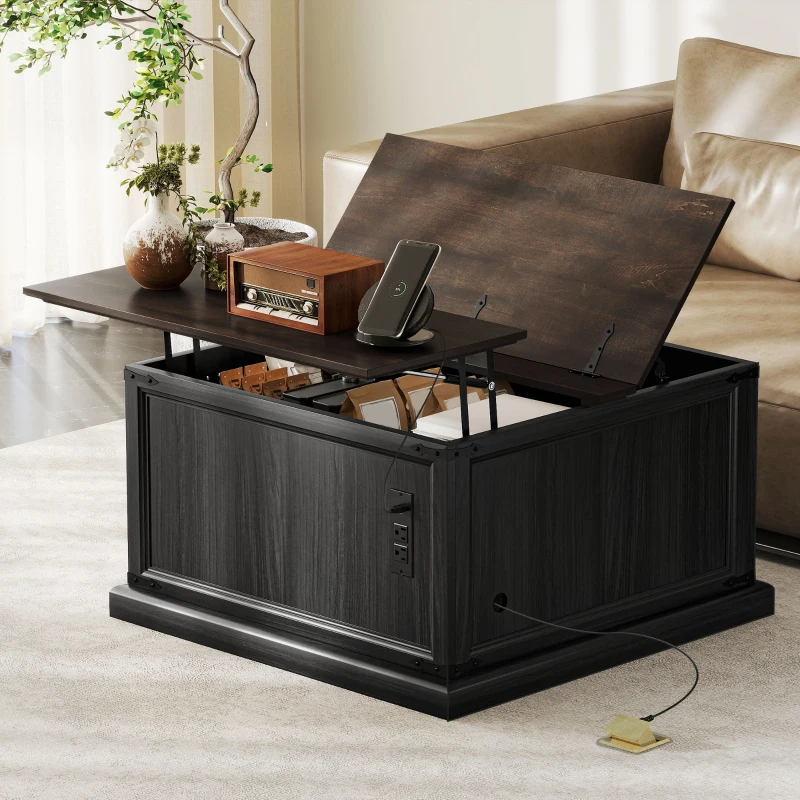 HOMCOM Lift Top Coffee Table with Charging Station, Square Farmhouse Center Table with Hidden Storage, Black Wood Grain