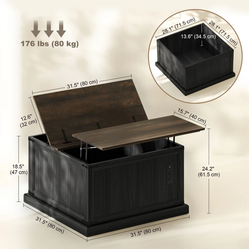 HOMCOM Lift Top Coffee Table with Charging Station, Square Farmhouse Center Table with Hidden Storage, Black Wood Grain
