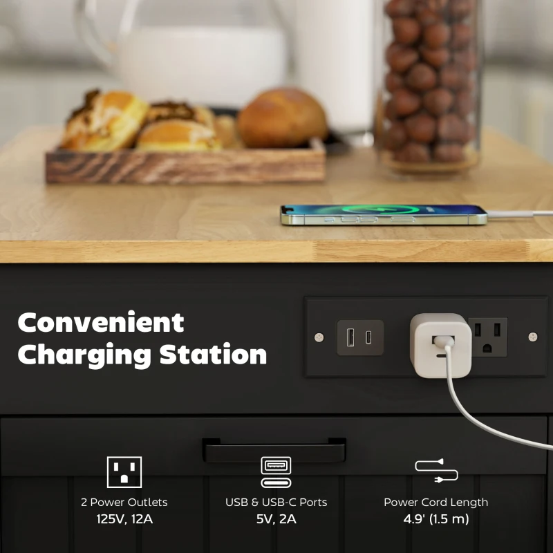 HOMCOM Kitchen Island Cart, Portable Kitchen Island Table with Charging Station, Rubber Wood Drop Leaf, Trash Storage, Black