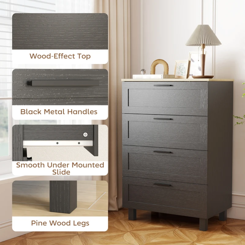 HOMCOM Dresser for Bedroom with 4 Drawers, Chest of Drawers with Solid Wood Legs for Closet, Living Room, Entryway, Black
