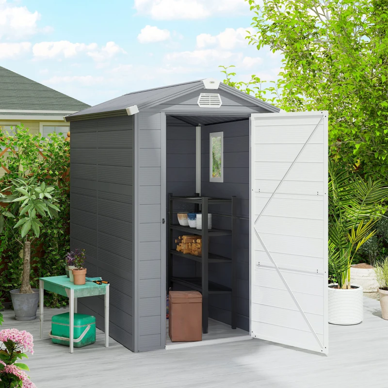 Outsunny 4.5' x 6' Plastic Garden Storage Shed with Latch Door, Vents, Sloped Roof, Dark Grey