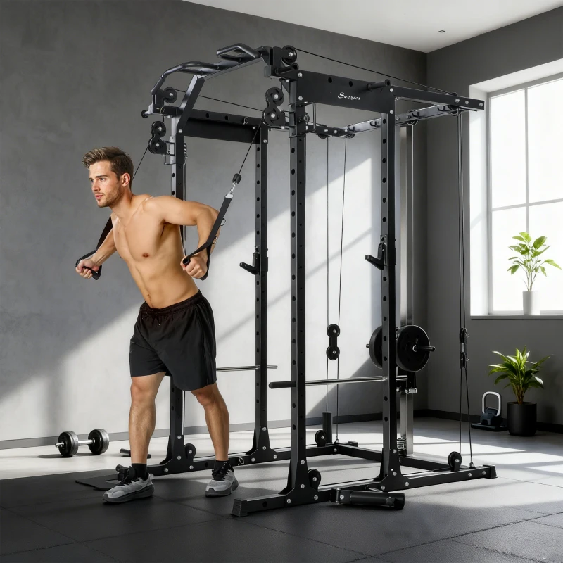 Soozier Multi-Functional Power Rack, Smith Machine Cable Crossover System with Pull Up Bar, Lat-Pull Down System, Landmine