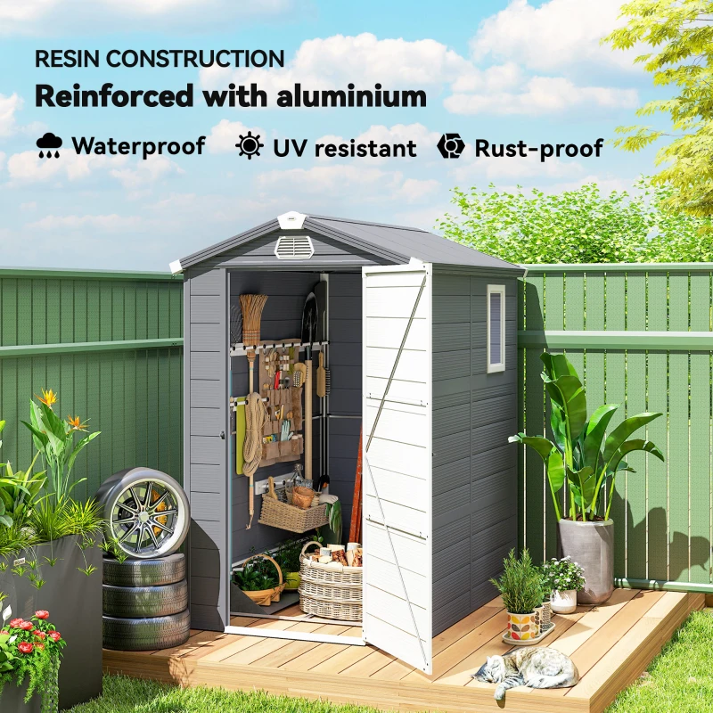 Outsunny 4.5' x 6' Plastic Garden Storage Shed with Latch Door, Vents, Sloped Roof, Dark Grey