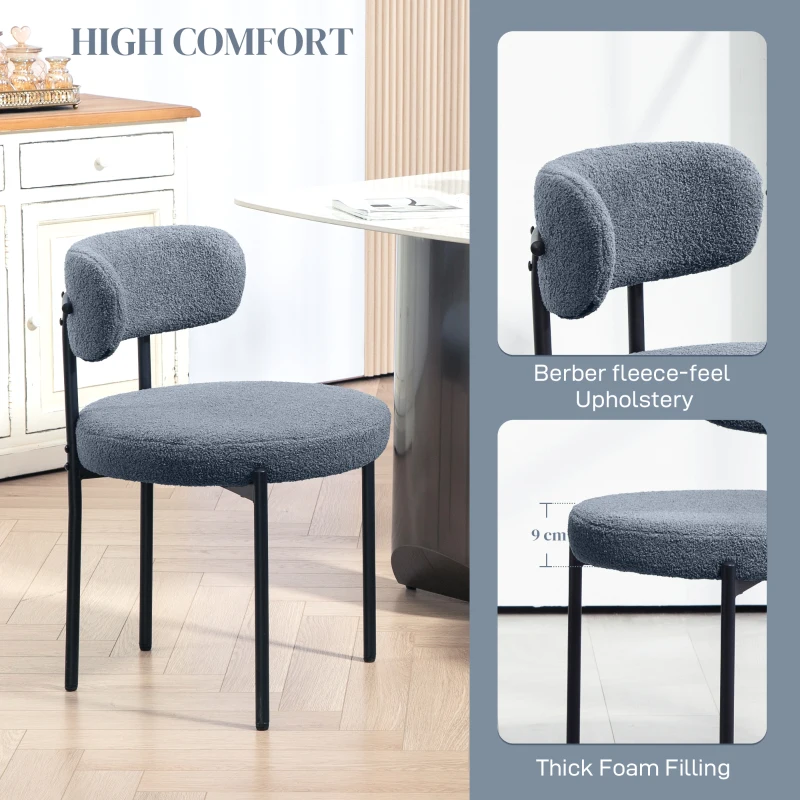 HOMCOM 2 Pieces Kitchen Chairs, Modern Dining Chairs w/ Berber Fleece Upholstery and Steel Legs for Living Room, Grey