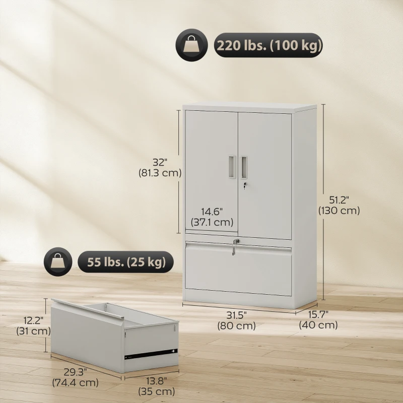 HOMCOM Lateral Filing Cabinet, Metal Storage Cabinet, Garage Cabinet with Double Locks, Adjustable Shelf and File Drawer, White