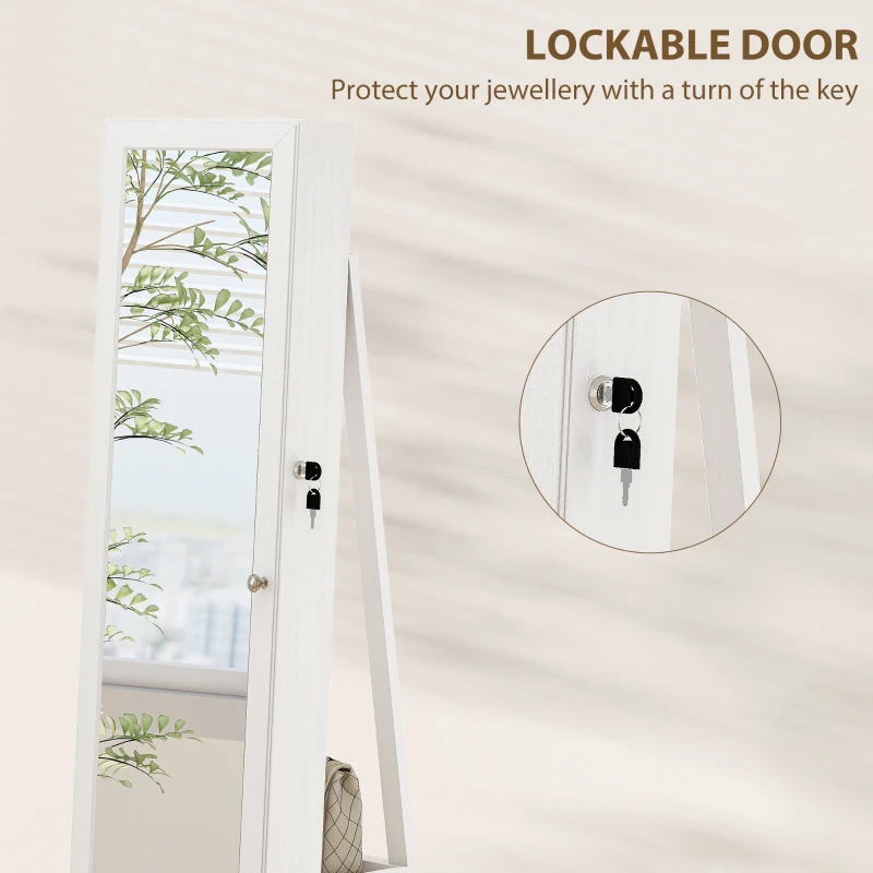 HOMCOM 360° Swivel Jewelry Armoire, Lockable Mirror Jewelry Cabinet with Built-In Small Mirror, White