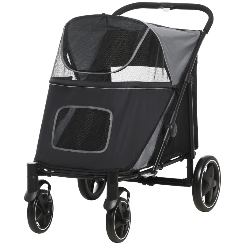 PawHut Dog Stroller for Large Medium Small Dogs up to 66 Lbs. 23.5" in Body Length, One-Click Foldable Pet Cat Stroller with Storage, Shock Absorption Wheels, Mesh Window, Safety Leash, Gray