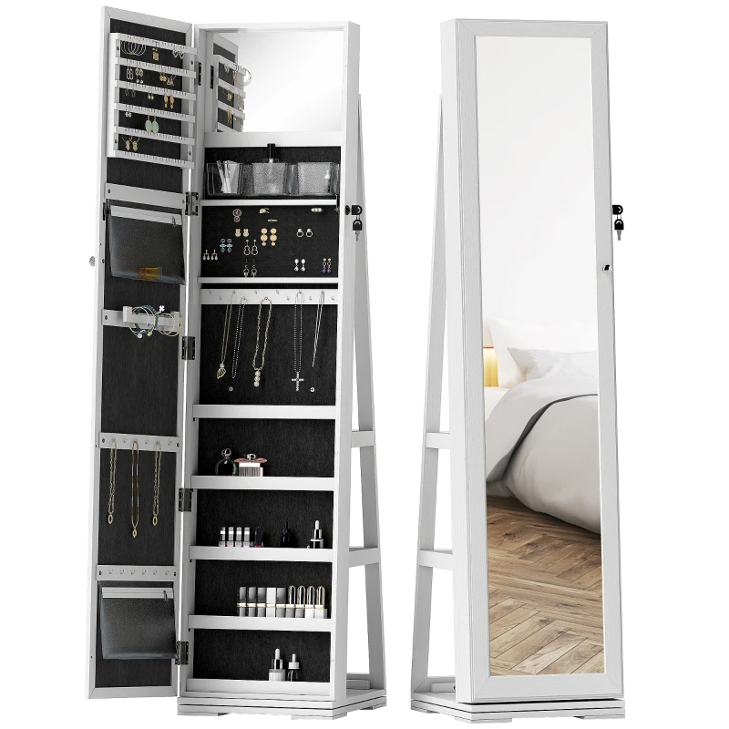 HOMCOM 360° Swivel Jewelry Armoire, Lockable Mirror Jewelry Cabinet with Built-In Small Mirror, White