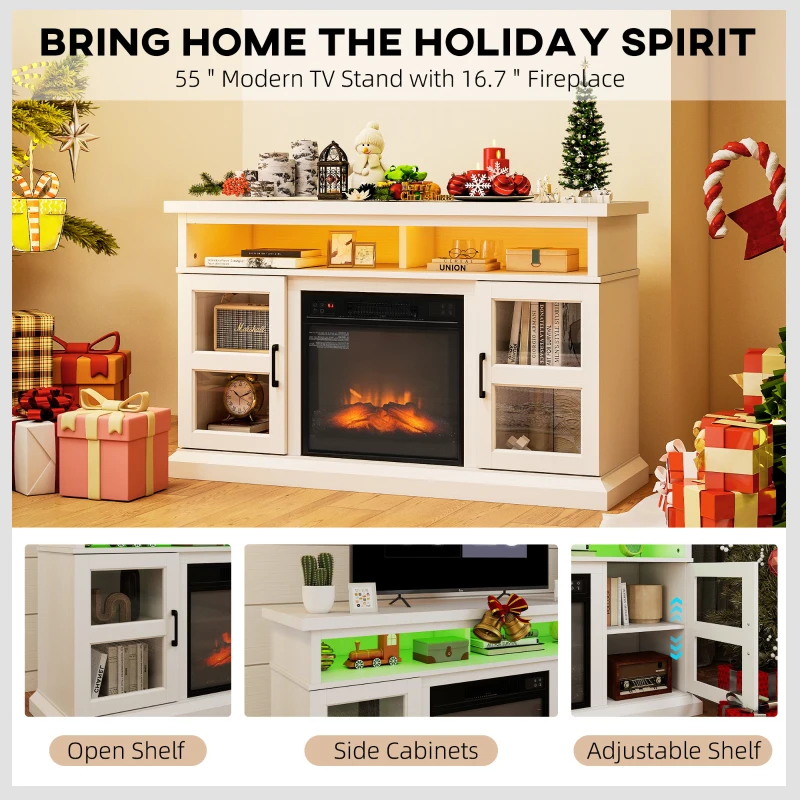 HOMCOM 48" Fireplace TV Stand for TVs Up to 55 Inches, Media Entertainment Center with 3D Flame, Adjustable Shelves, White