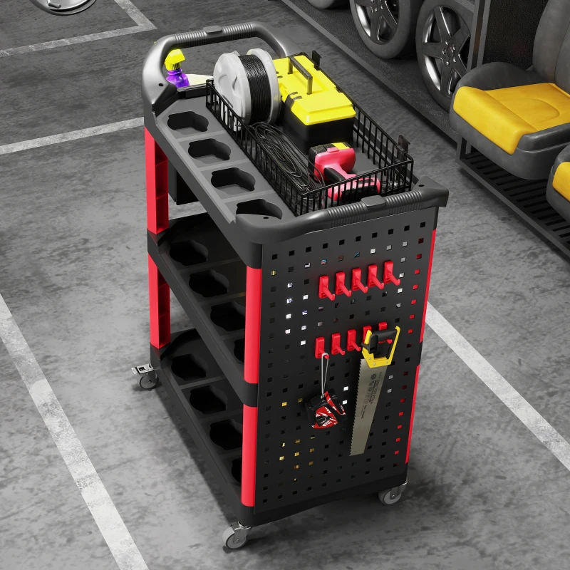 HOMCOM 3-Tier Rolling Tool Cart, 200 LBS Capacity Plastic Utility Cart with Side Shelf and Storage Bucket, Black & Red