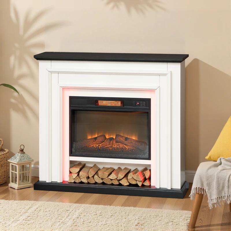 HOMCOM 41 Inch Electric Fireplace with Mantel, 1400W Fireplace Heater with Adjustable 3D Flame Effect, Black and White