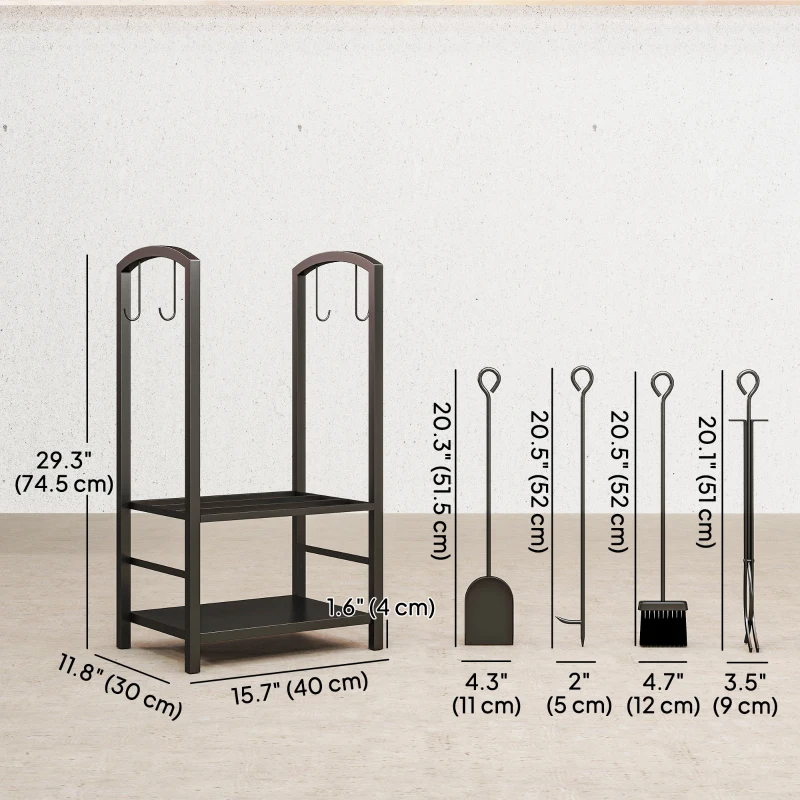 Outsunny 2-Tier Firewood Log Rack with 4 Tools, Fireplace Wood Storage Holder with Shovel, Broom, Poker, Tongs and Hooks, Black