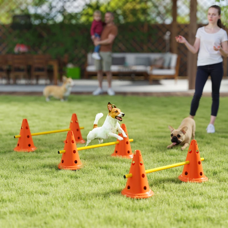 PawHut Dog Agility Hurdle Cone Set, Adjustable Obstacle Course Equipment with 6 Cones & 6 Poles, Carry Bag, Orange