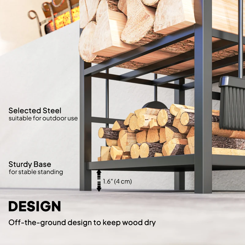 Outsunny 2-Tier Firewood Log Rack with 4 Tools, Fireplace Wood Storage Holder with Shovel, Broom, Poker, Tongs and Hooks, Black