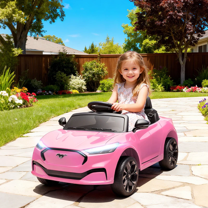 Qaba 12V Kids Ride On Car, Licensed Ford Mustang Mach-E Electric Car with Remote Control, LED Light, Music, Pink