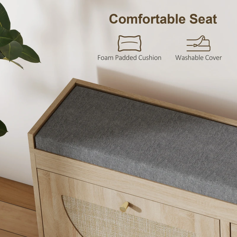 HOMCOM Shoe Bench with Flip Doors, Seat Cushion, Adjustable Shelves for 8 Pairs, Boho Entryway Bench for Bedroom, Natural Wood