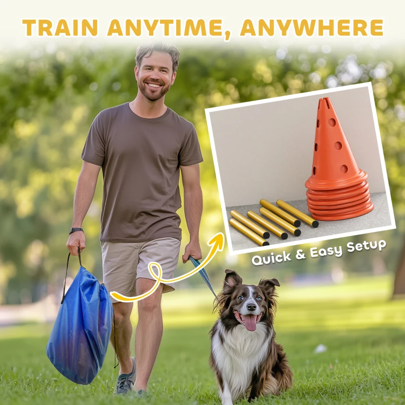 PawHut Dog Agility Hurdle Cone Set, Adjustable Obstacle Course Equipment with 6 Cones & 6 Poles, Carry Bag, Orange